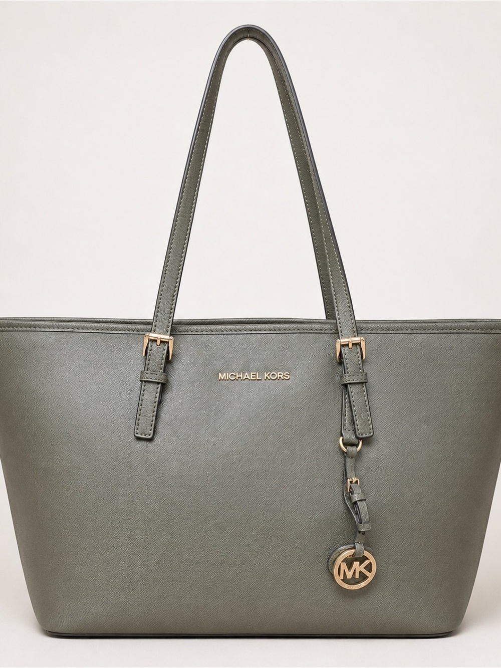 Michael Kors Olive Leather Saffiano Tote with Gold Hardware